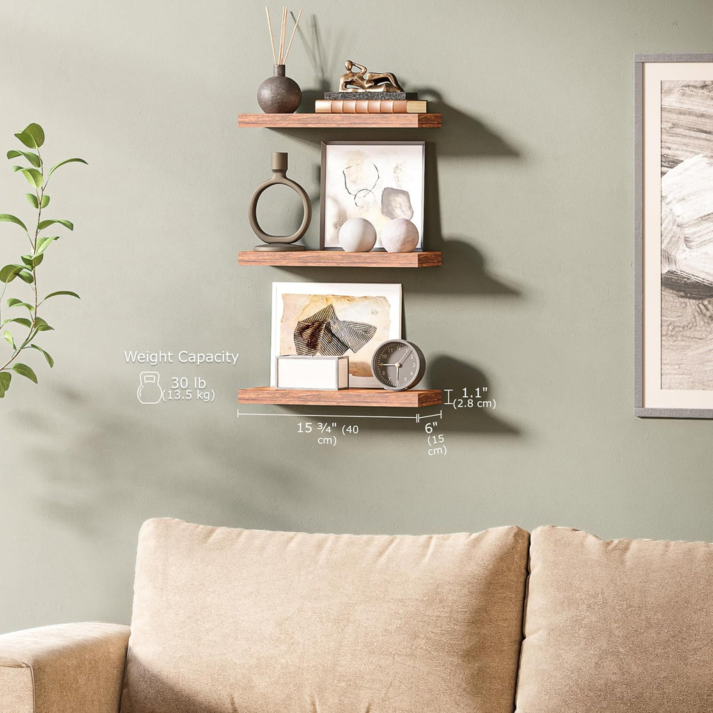 Floating Shelf, 3-Pack 16" Rustic Brown Floating Shelves for Wall, Wood Wall Shelf Décor, Floating Shelves , and