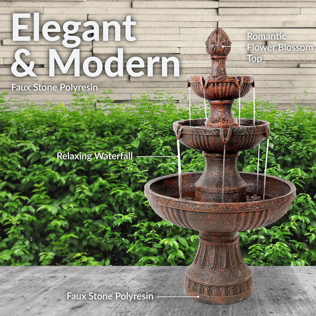Flower Blossom 43" Tiered Outdoor Water Fountain - 3-Tiered Outdoor Fountain - Earth Finish