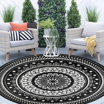 Round Outdoor Rugs 8Ft Waterproof Reversible Outdoor Patio Rugs Black Lightweight Plastic Straw Rugs Portable RV