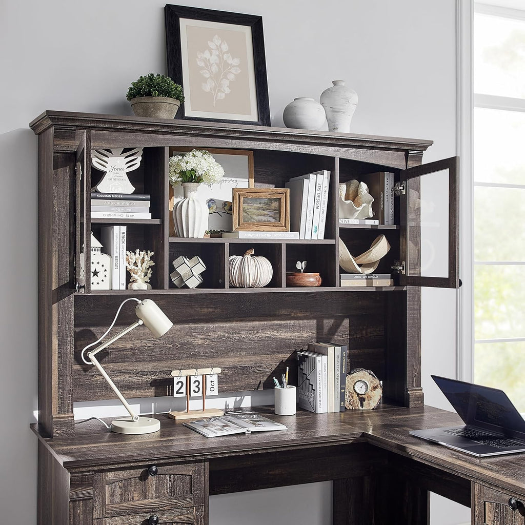 60" L Shaped Executive Desk with Hutch and Drawers, Farmhouse Home Office Desk with Charging Station