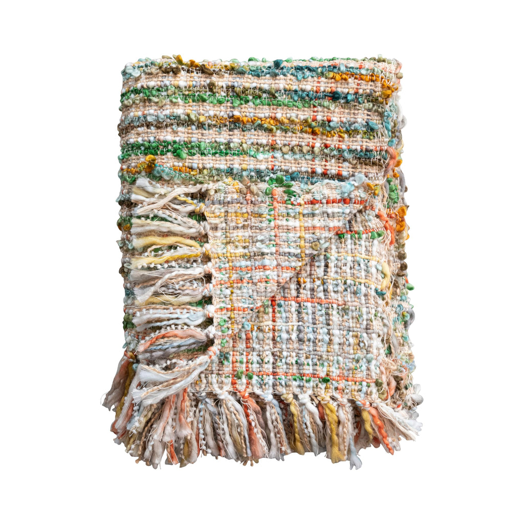 Woven Acrylic Bouclé Throw Blanket with Fringe, Multicolor