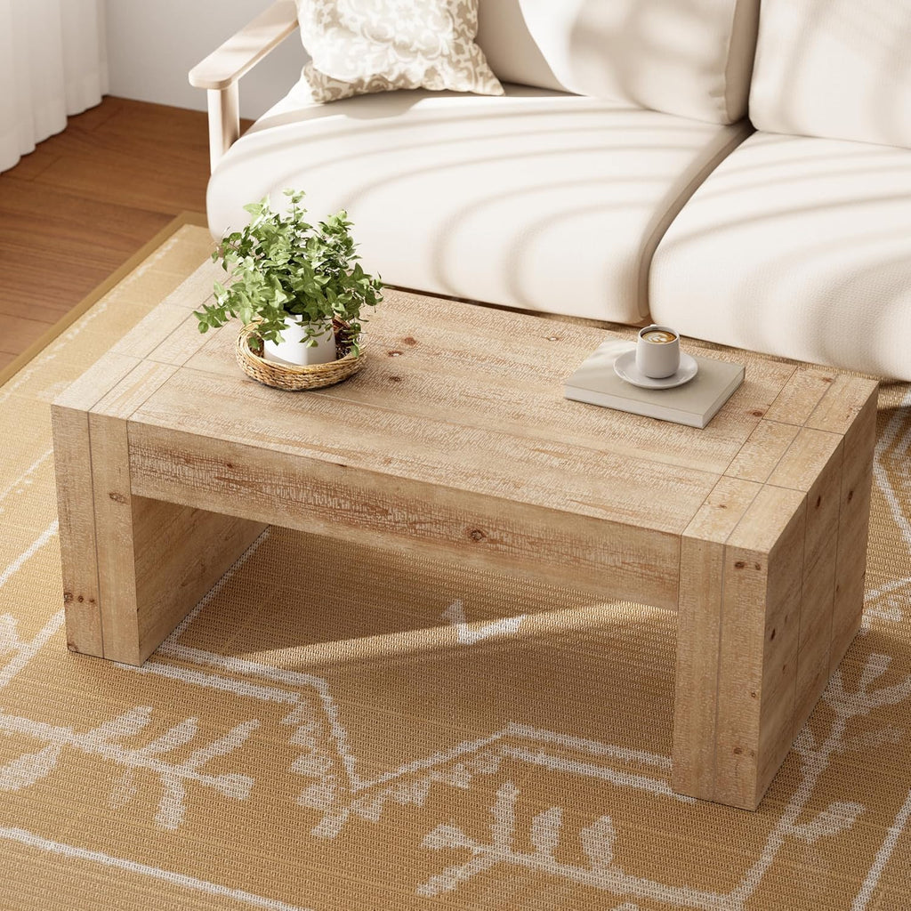 Modern Rustic Wood Coffee Table with Thick Legs, Rectangular Living Room Center Table, Natural Finish Design