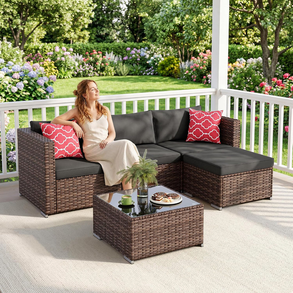 5-Piece Patio Furniture Set, Outdoor Couch, PE Rattan, Black | Patio Sectional Sofa with Plush Cushions and Glass
