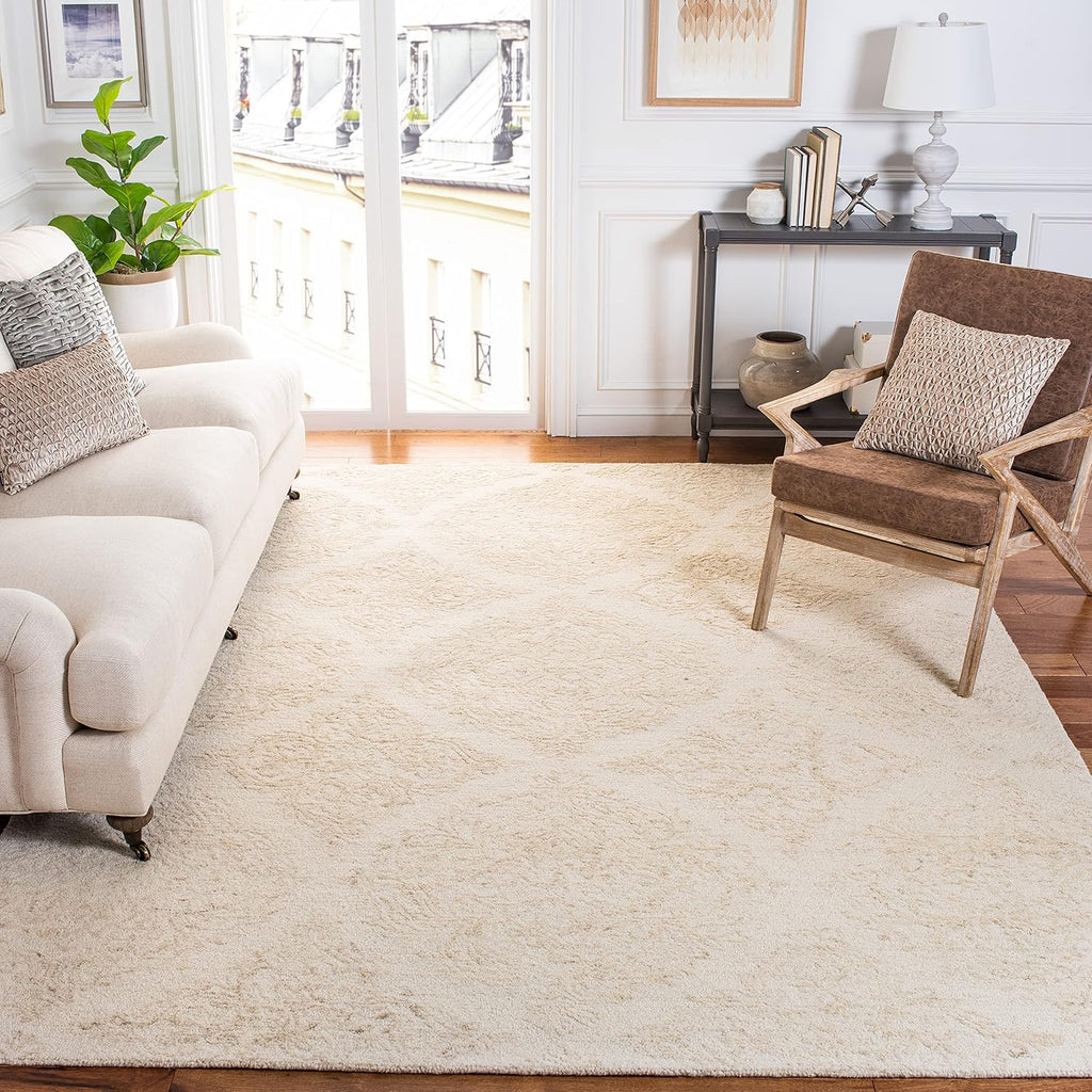 Abstract Area Rug - 9' x 12', Ivory & Beige, Handmade Wool