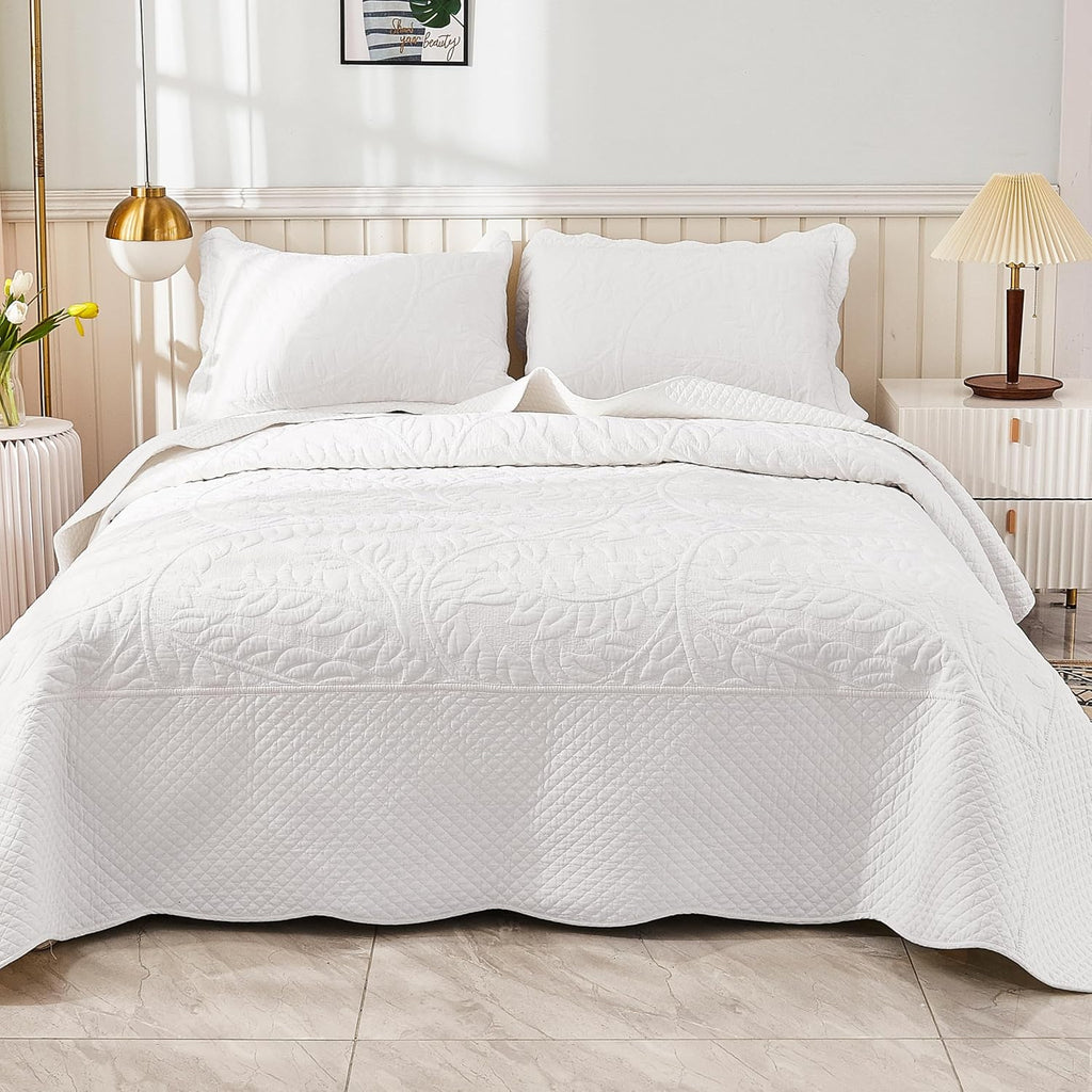3-Piece 100% Cotton Oversized Bedspread Lightweight Quilt Coverlet Embroidery Farmhouse Bedding Set T0 (Bright White