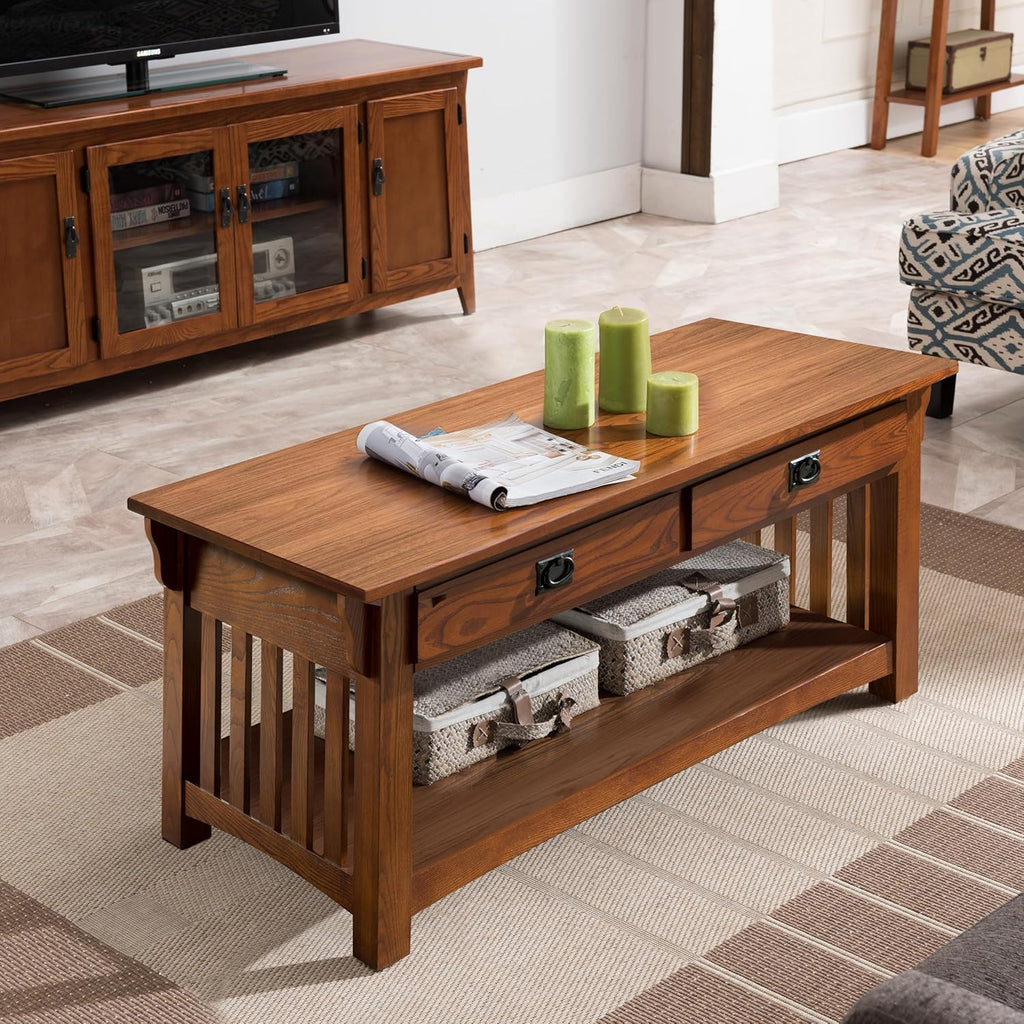 Mission Impeccable Coffee Table, Solid Wood with 2 Drawers & Shelf, Medium Oak Finish, Blackened Hardware
