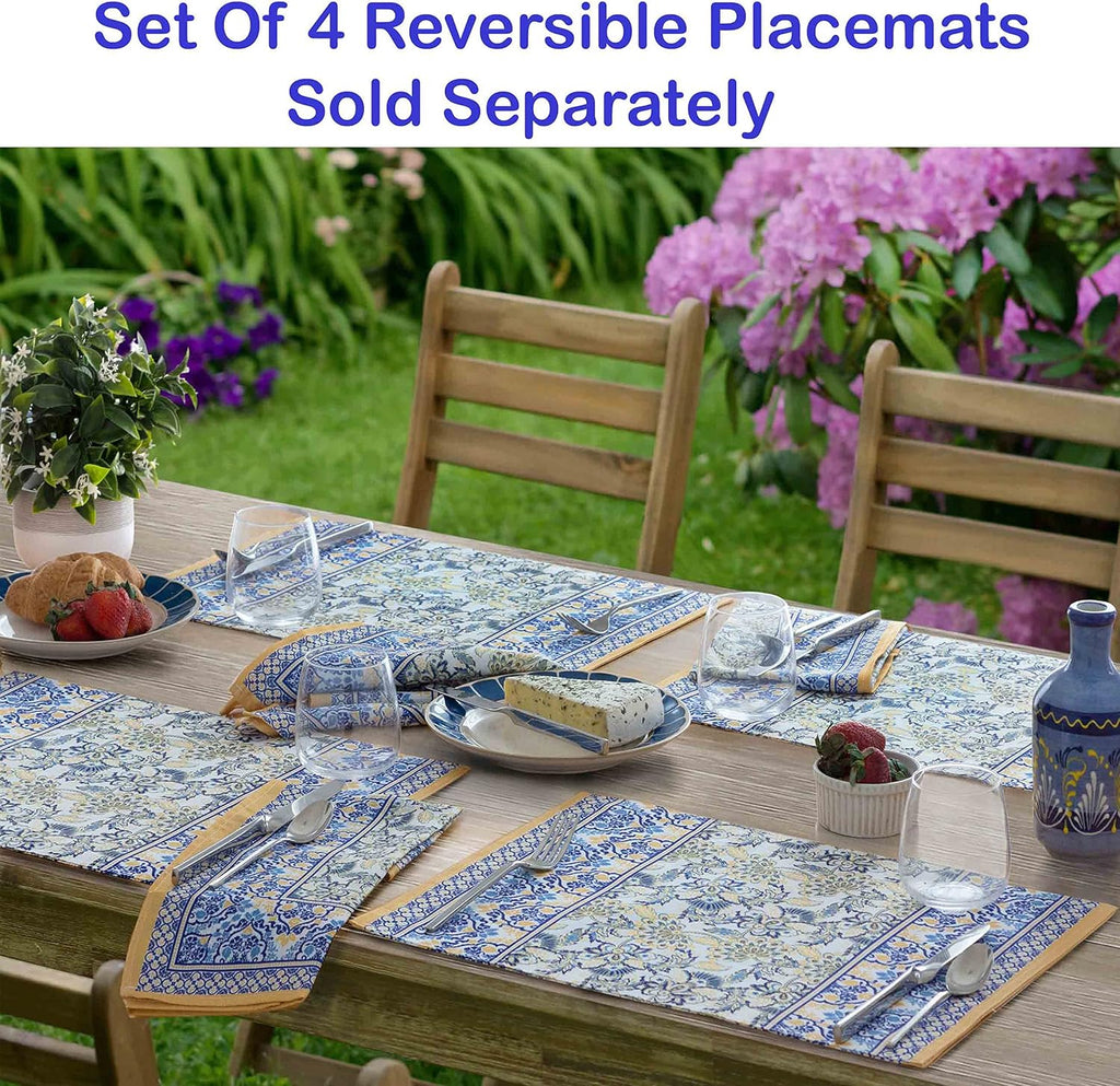 Rectangle Fabric Tablecloth, 60 x 84 Inch, Allure Yellow and Blue Floral Bordered Print, Indoor Outd