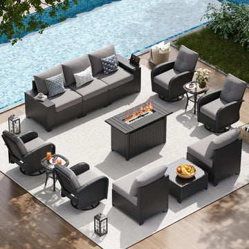 13 PCS Patio Furniture Set with 44'' Fire Pit Table, Outdoor Sectional All-Weather Wicker Conversation Set with