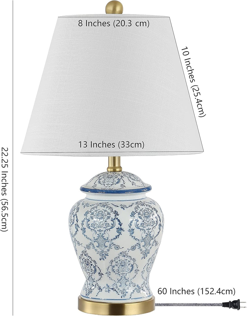 22.25" Blue/White Chinoiserie Ceramic Urn Table Lamp, Traditional Classic Nightstand Lamp Bedroom, White Linen Shade