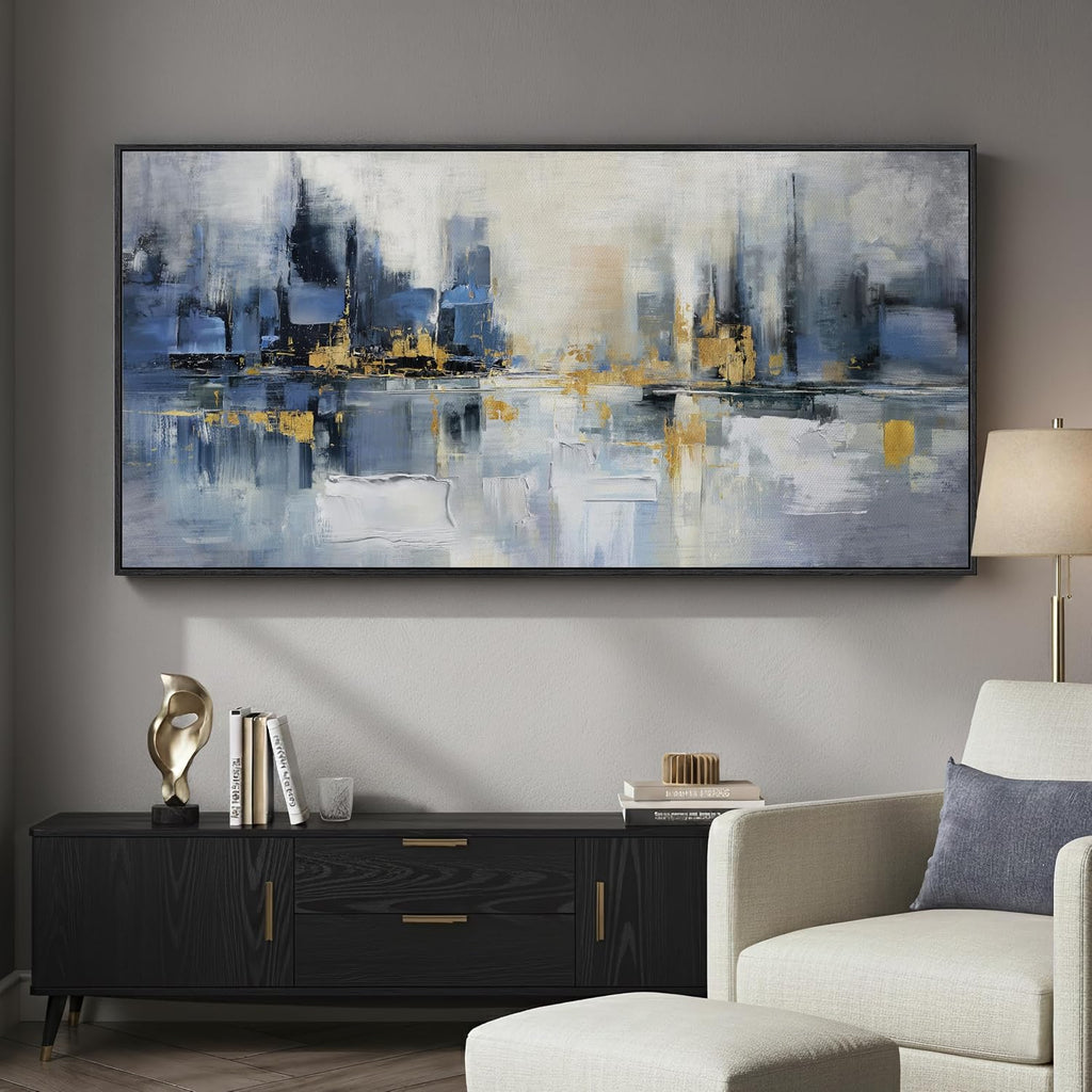 Framed Blue Abstract Wall Art , Extra Large Modern Cityscape Canvas Artwork for Walls, Horizontal Contemporary
