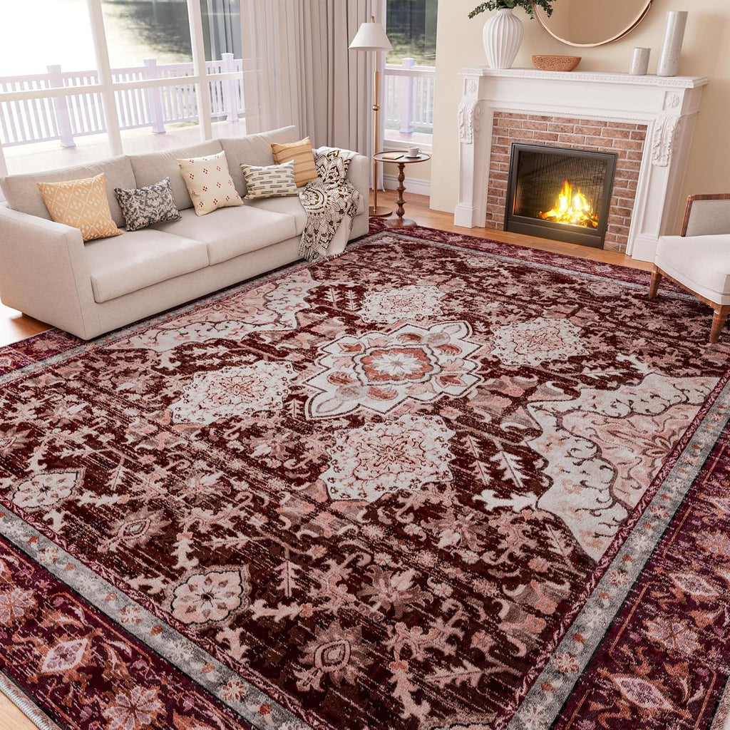 8x10 Washable Vintage Medallion Area Rug, Large Non-Slip Carpet for Living Room Bedroom Red