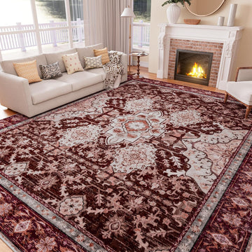Area Rugs, Large Non-Slip Washable Rug, Boho Vintage Retro Medallion Print Pattern Carpet Dining Room Home