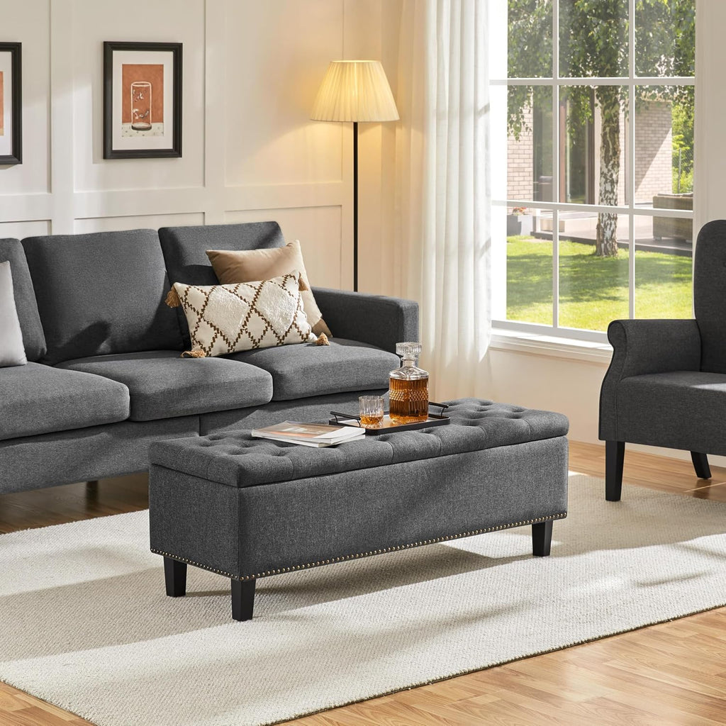49in Square Storage Ottoman Coffee Table with Nailhead, Dark Gray | Button-Tufted Linen-Look Fabric Bench, 3.5C