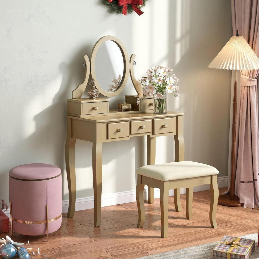 Ashley Wood Makeup Vanity Table and Stool Set, Gold