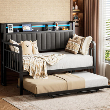 Daybed with Trundle and LED Light, Heavy Duty Metal Twin Bed Frame with Upholstered Storage Headboard & Charging