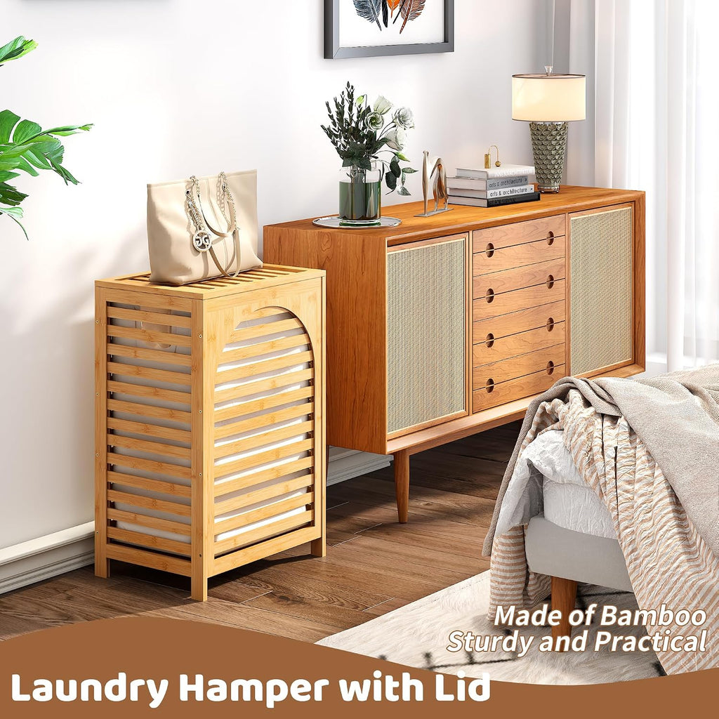 Laundry Hamper with Lid (16.9 * 13 * 26.5inches) Large Bamboo Laundry Bin Basket 85L Clothes Hamper with 1 Removable