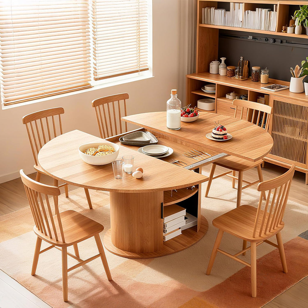 Extendable Round Dining Table for 2-4-6, 63 Inch Dining Room Kitchen Table with 2-Tier Storage Shelf, Modern