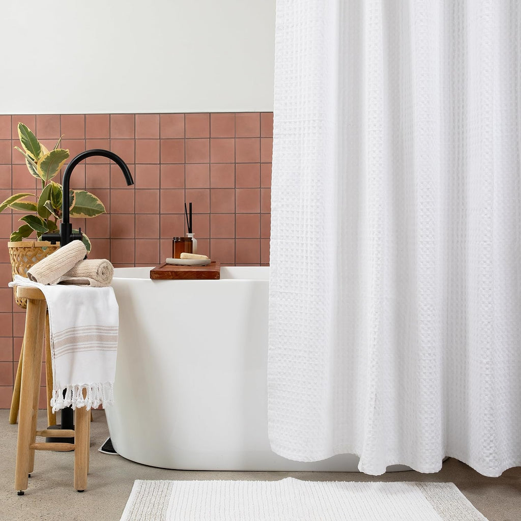 White Waffle Weave Shower Curtain, Heavyweight 100% Cotton Fabric, Luxury Hotel Spa Quality, 72 x 72