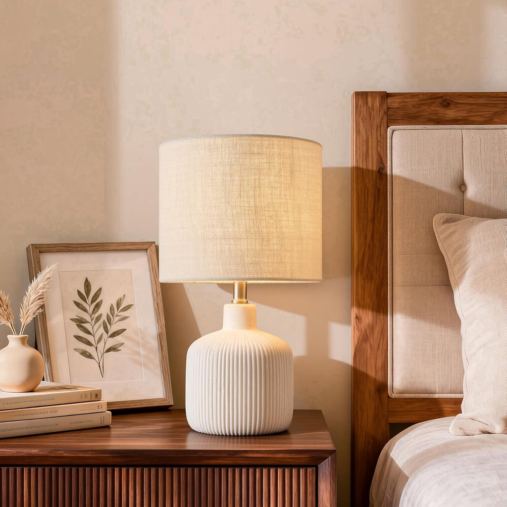 Ceramic Table Lamp, 17.75" Rustic Farmhouse Bedside Lamp with Beige Linen Shade