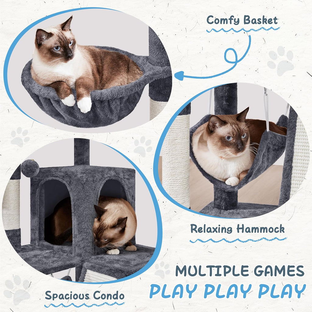 Cat Tree Tower, 40-Inch Condo with Hammock, Oversized Soft Platform, Scratching Board, Basket