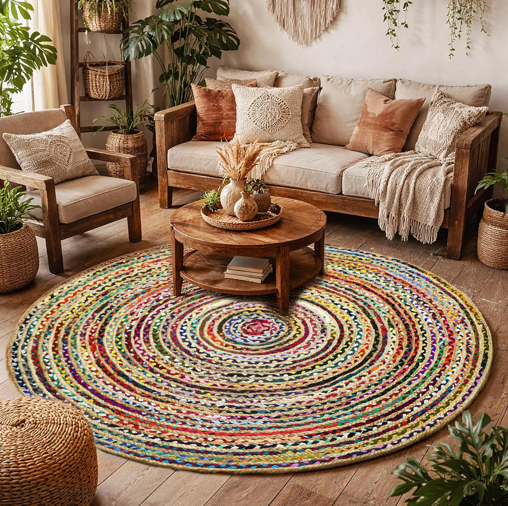 Jute Chindi Braid Rag Rug - 7 Feet Round Multi Color Area Rug | Handwoven Reversible Jute & Natural Recycled Cotton