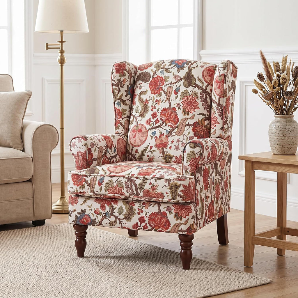 Mid Century Floral Wingback Accent Chair Floral Red | High Back/Retro Wooden Legs/ Breathable Linen Fabric