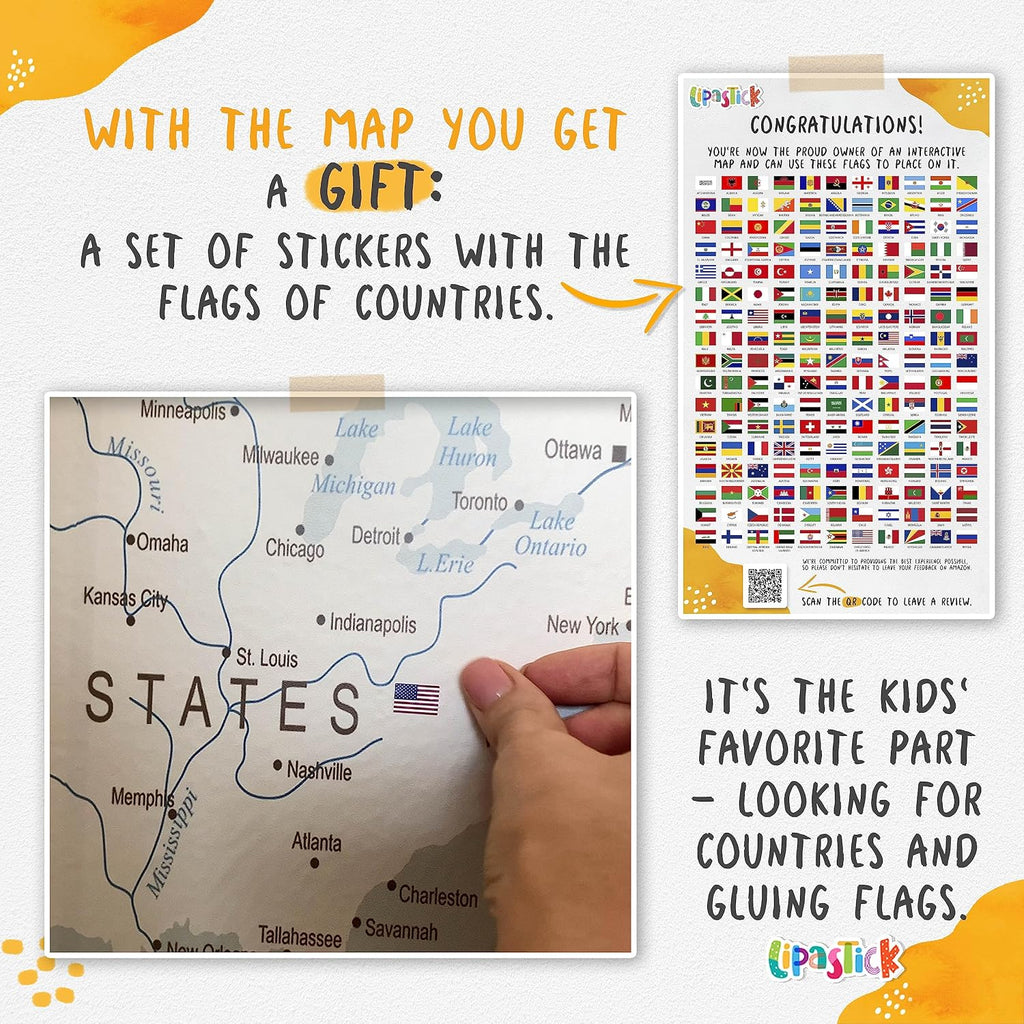 Kids World Map Wallpaper with Animals-Peel and Stick Educational Decals-Nursery Murals for Baby, Toddlers,Boys, Kids
