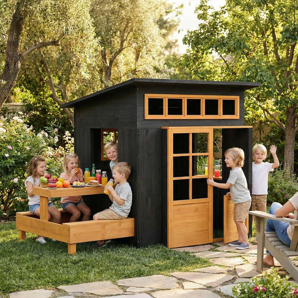 Playhouse - Solid Fir Wood, Chalkboard Panels, Attached Table & Benches, Spacious Interior, Ages 3-8, 76" L