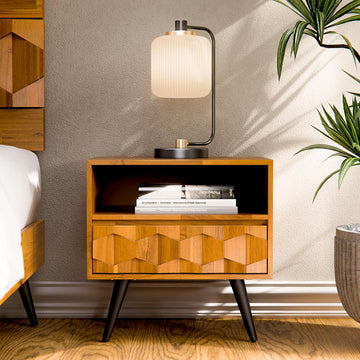 Georgina Solid Wood Nightstand With 1 Drawer & Open Shelf- Fully Assembled Mid Century Modern Side Table - Geometric