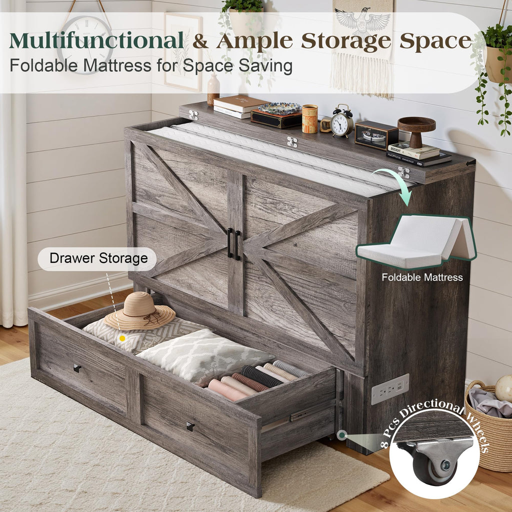 Queen Rustic Grey Murphy Bed with 6" Tri-Fold Memory Foam Mattress