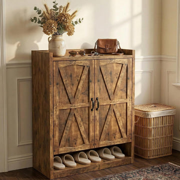 5-Tier Shoe Cabinet with Doors, Adjustable & Removable Shelves, Wooden Farmhouse Shoe Storage Organizer, Entryway