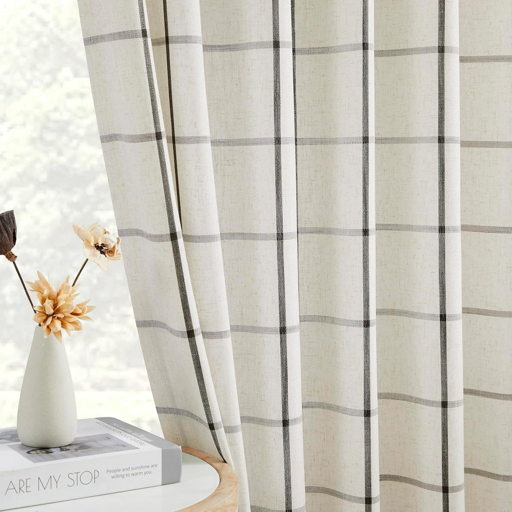 Black Plaid Pinch Pleat Semi Sheer Checkered Linen Blended Window Curtain Drape for Farmhouse Living Room