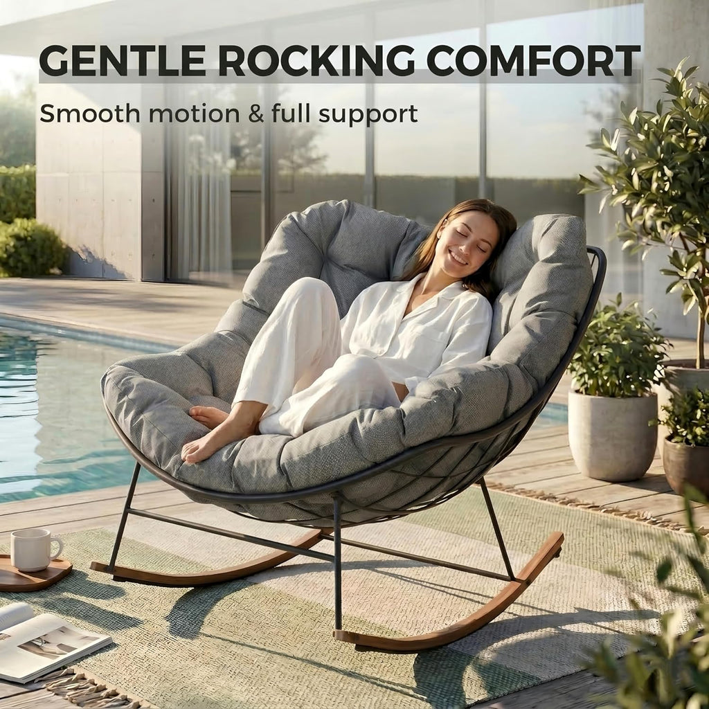 Outdoor Papasan Rocking Chair with Thick Cushion, Grey | Oversized Modern Cozy Lounge Rocker Chair Steel Frame with
