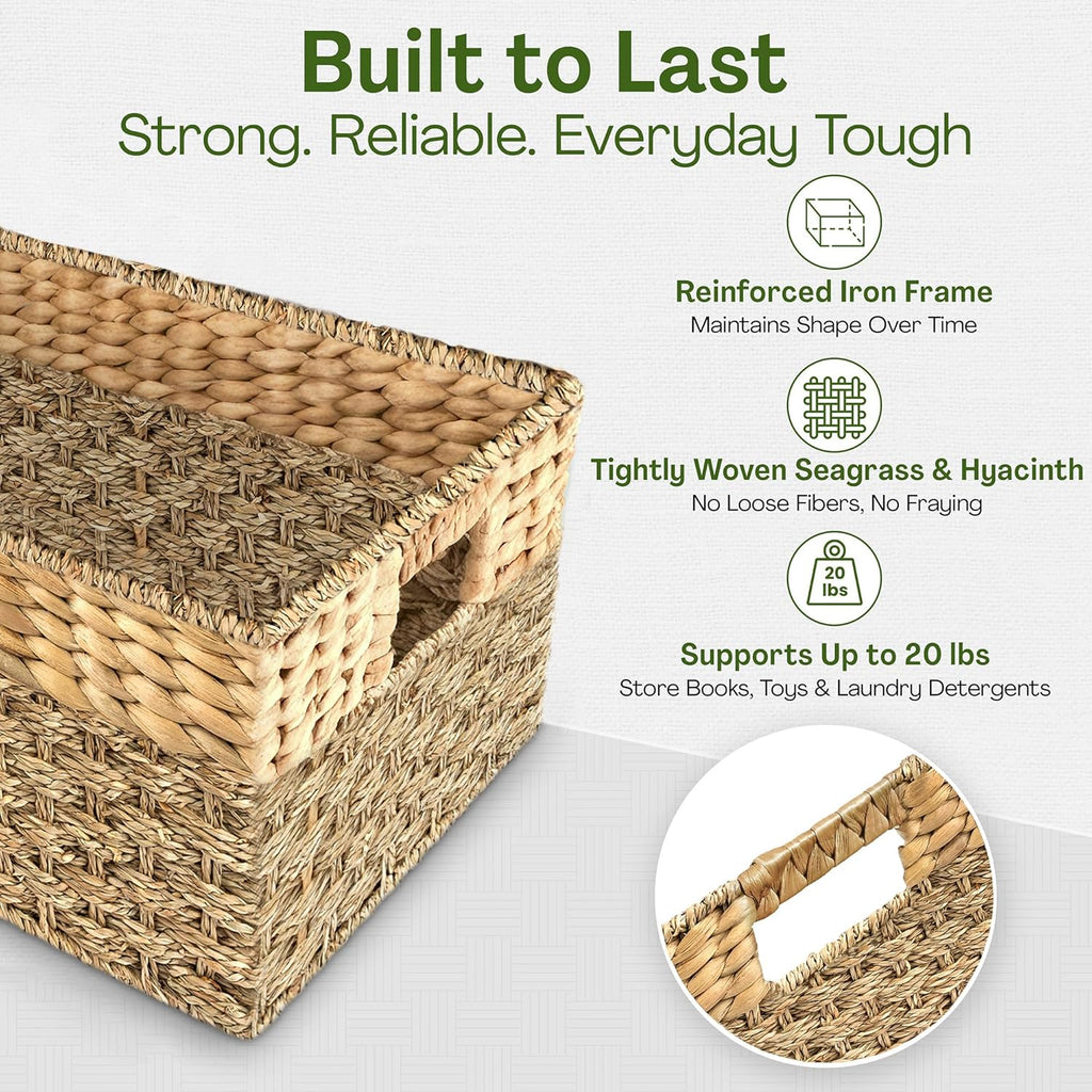 Medium Wicker Baskets for Storage 15.5 x 9.5 x 6.5 Inches | Natural, Seagrass and Hyacinth Woven Baskets for Décor