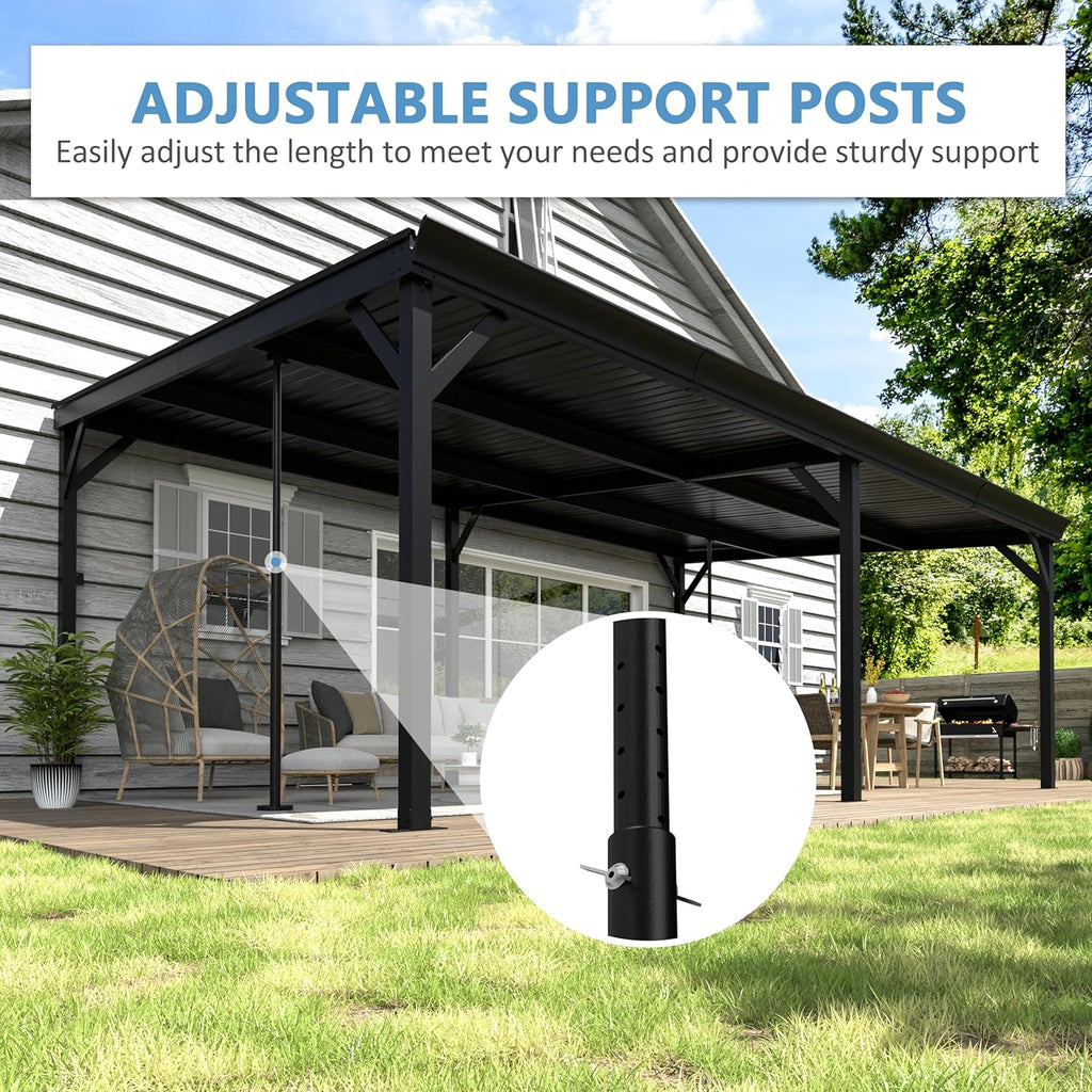 12' x 20' Hardtop Lean-to Gazebo, Wall-Mounted Aluminum Pergola with Adjustable Support Posts – Black