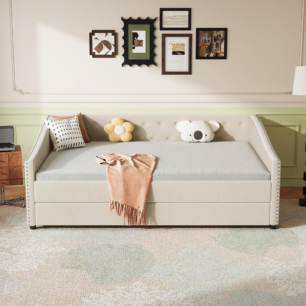 Full Size Upholstered Daybed with Trundle | Twin Size Trundle,Button-Tufted Back, Piping on Waved-Shape Arms, Solid