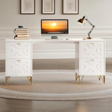 White and Gold Computer Desk, 59'' Modern Writing Table with File Drawers