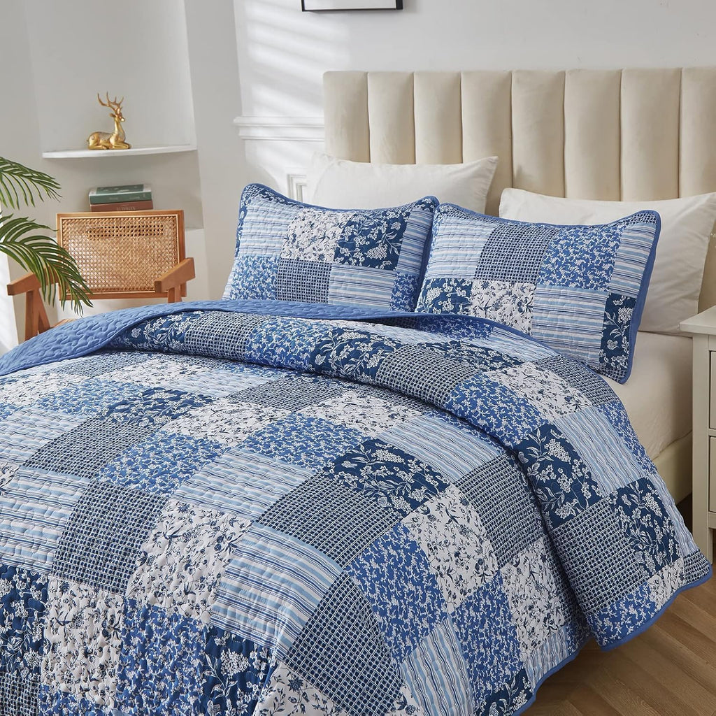Boho Quilts Queen, Patchwork Floral Bedding Set, Blue - Set of 3