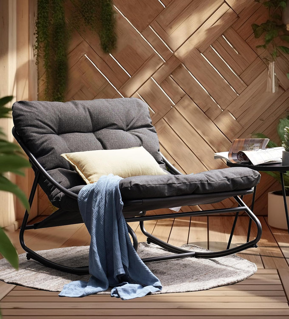 Rocking Chair with Cushion for Indoor and Outdoor, Dark Grey | Metal Patio Lounge Rocking Chair with Thick Cushion