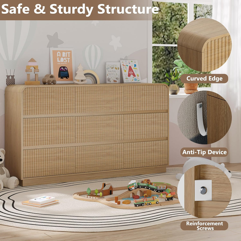 Dresser with 9 Drawers, Fluted Chest of Drawers with Round Curved Corner, Hidden Handles, Modern Wood Storage
