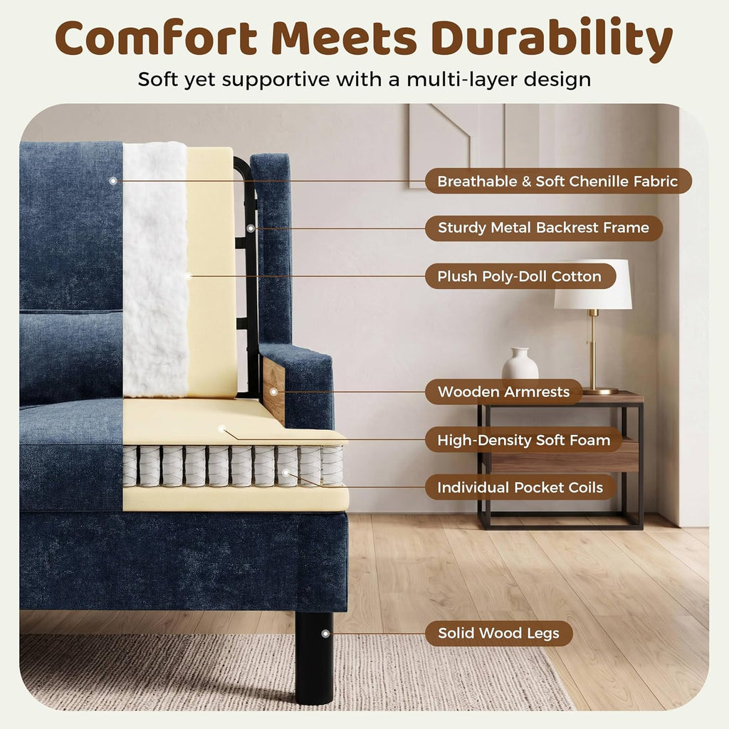 Wingback Accent Chair , Mid-Century Modern Reading Chair , Modern Chenille Upholstered Comfy Armchair with High Back