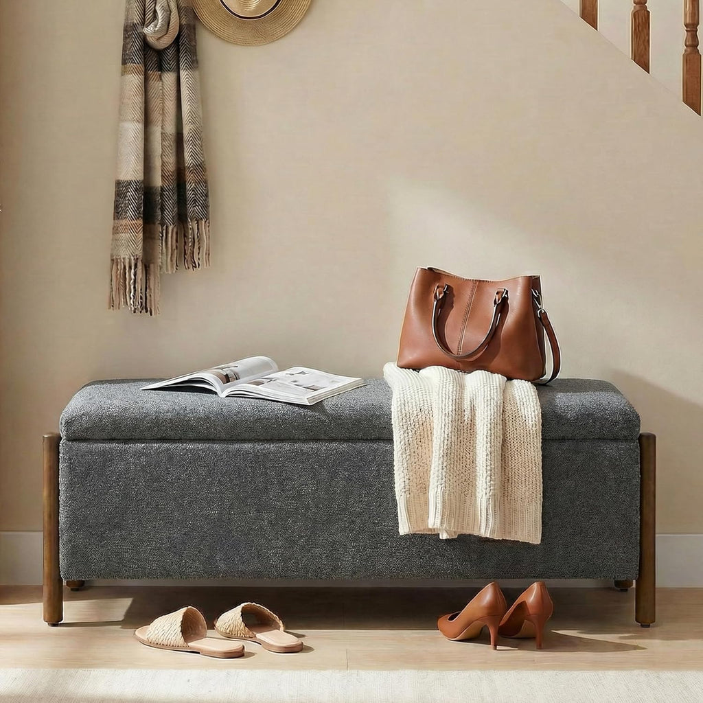 Wooden Storage Ottoman Bench, 47" Fabric Upholstered End of Storage Bench with Rubberwood Legs, Entryway Bench with