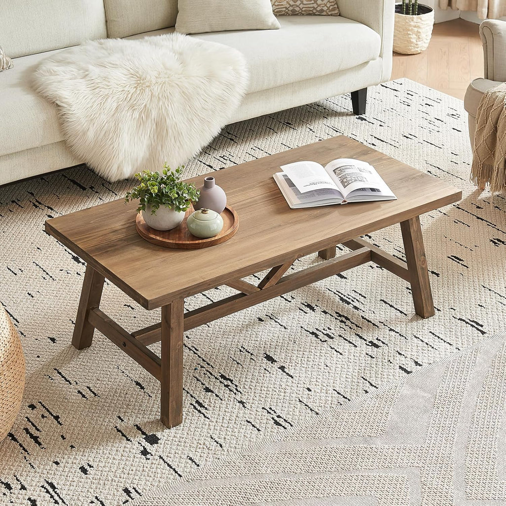 Farmhouse 43" Coffee Table,Solid Wood Center Tables and Office, Rustic Wooden Rectangular Table with V-Shaped Support