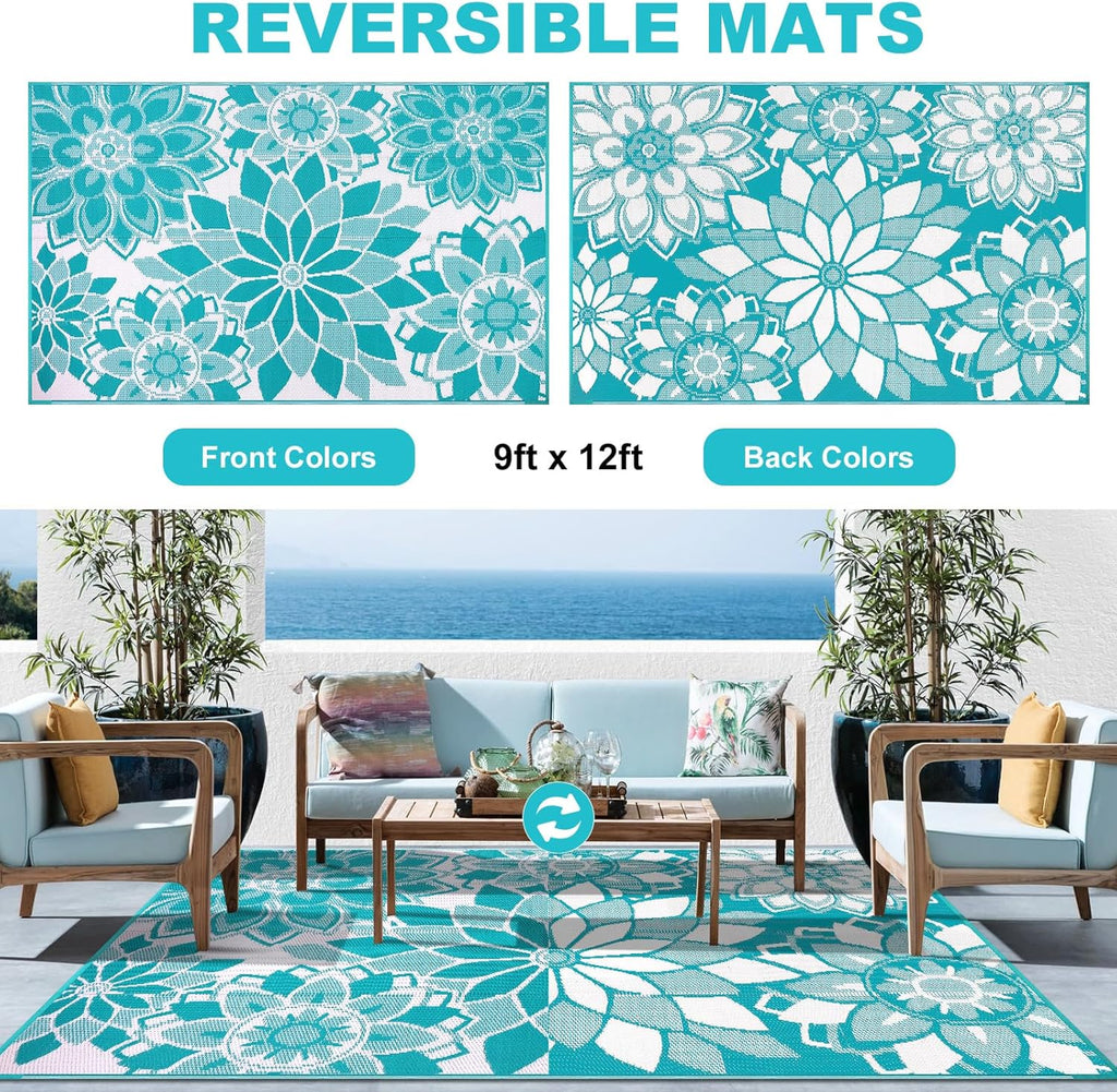 Outdoor Rug for Patio 9x12 ft Reversible Plastic Straw Patio Camping Rug, Floral Waterproof RV Mat f