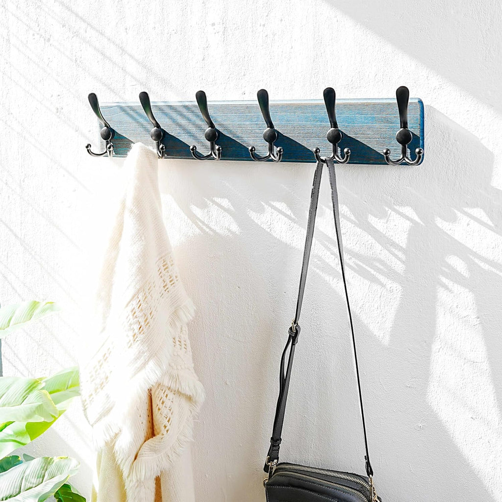 Coat Rack Wall Mounted - 24" Long 6 Tri Hooks, Heavy Duty Wooden Wall Coat Hanger Coat Hook for Clothes Hat Jacket