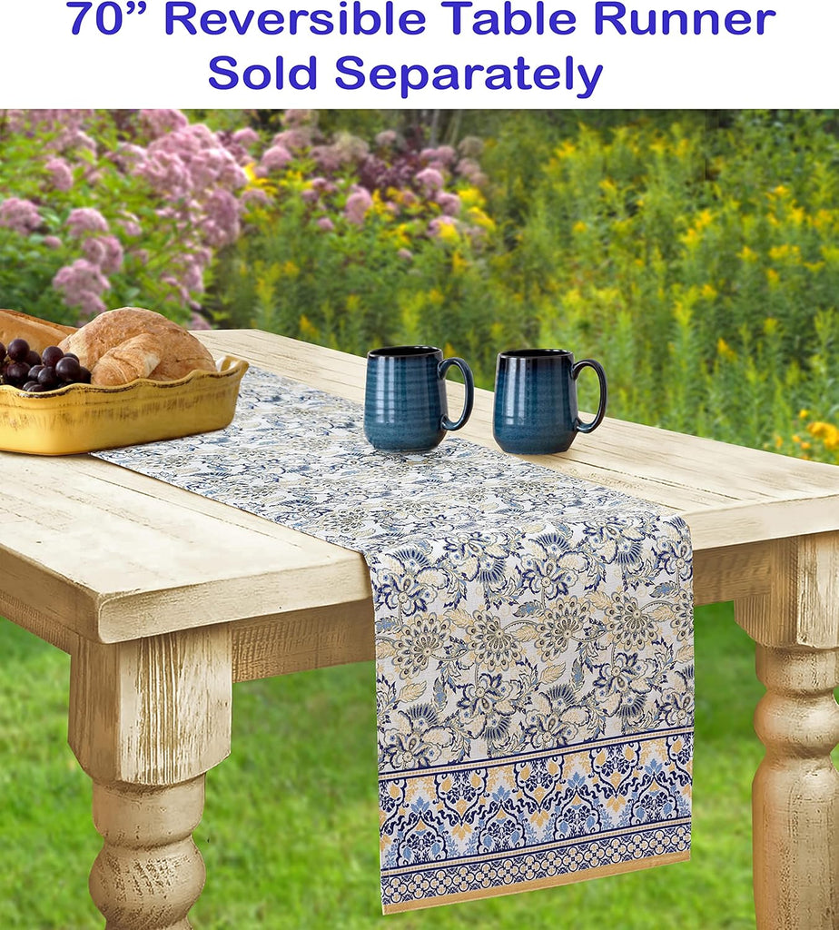 Rectangle Fabric Tablecloth, 60 x 84 Inch, Allure Yellow and Blue Floral Bordered Print, Indoor Outd