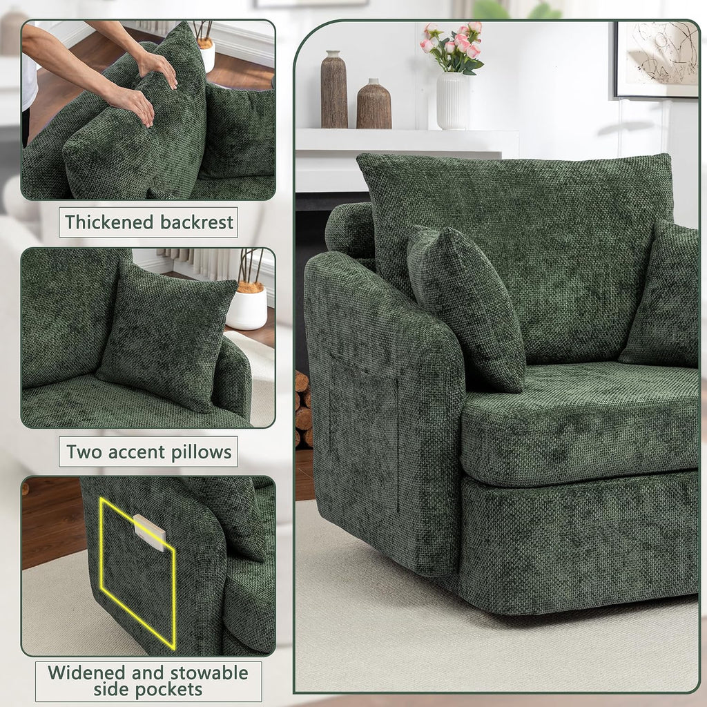 Modern Swivel Lounge Chair and Ottoman — Green Chenille