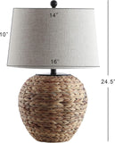 24.5" Natural Water Hyacinth Farmhouse Basket Table Lamp, Coastal Decor Bedroom Nightstand, Light Gray Linen Shade