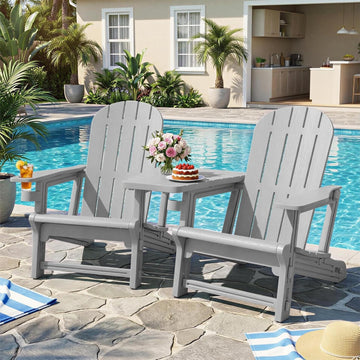 Outdoor Adirondack Chair Set of 2, All-Weather HDPE Patio Furniture with Detachable Table, Wood Texture & Cup