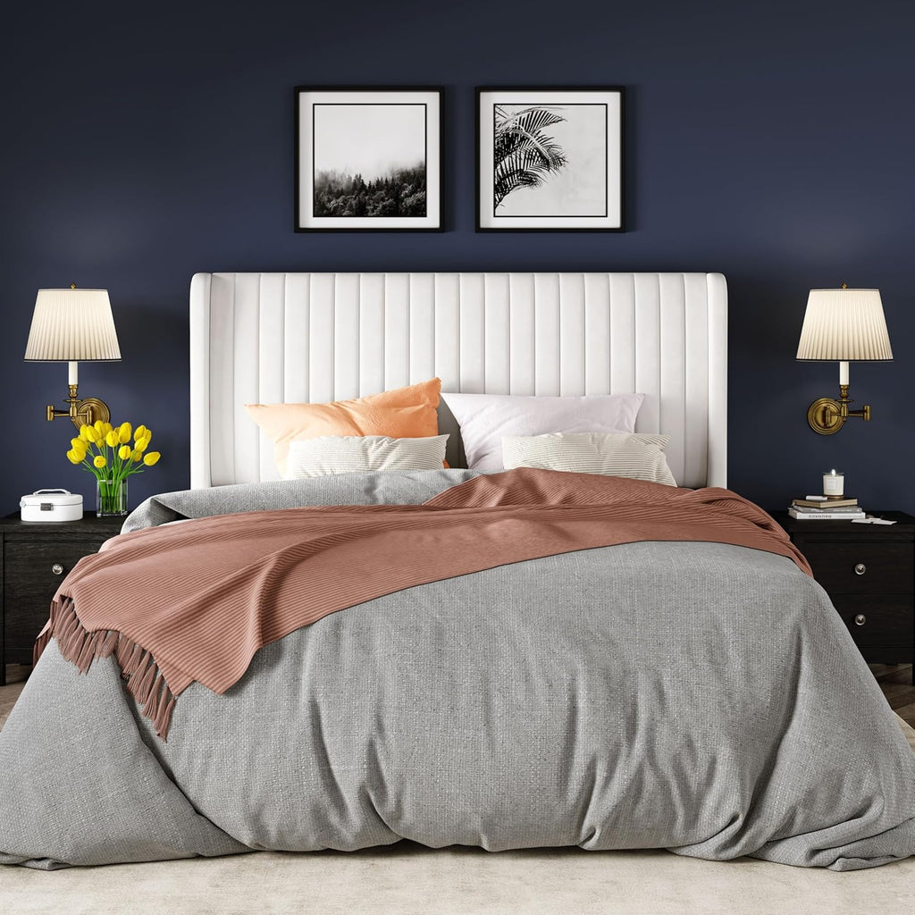 Queen Velvet Bed Frame/Vertical Channel Tufted Wingback Headboard/Upholstered Platform Bed/Strong Wooden Slats/No Box